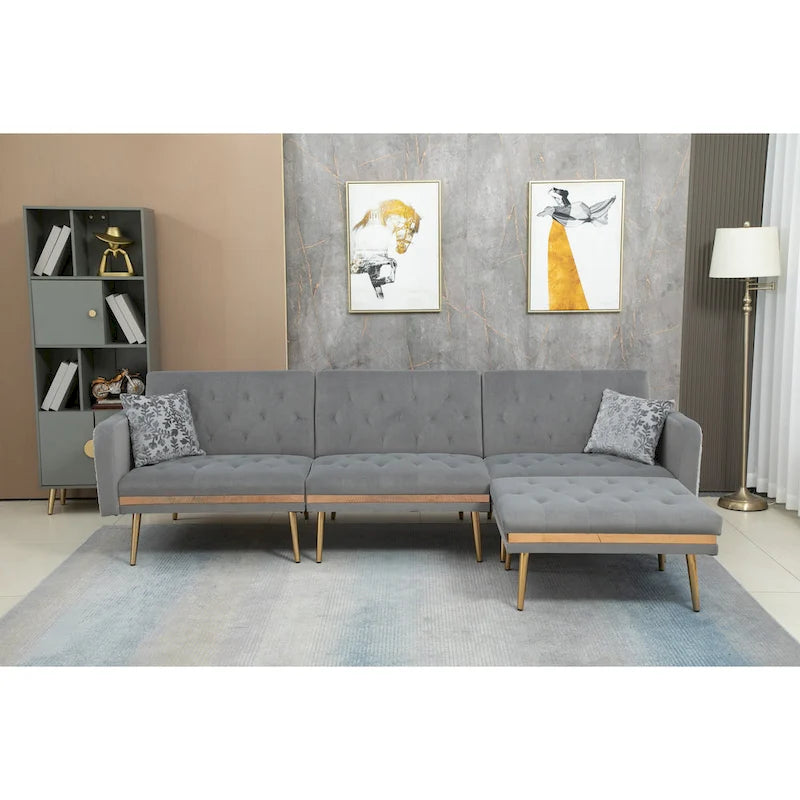 Canapé d'angle en L capitonné en polyester avec pouf convertible en lit