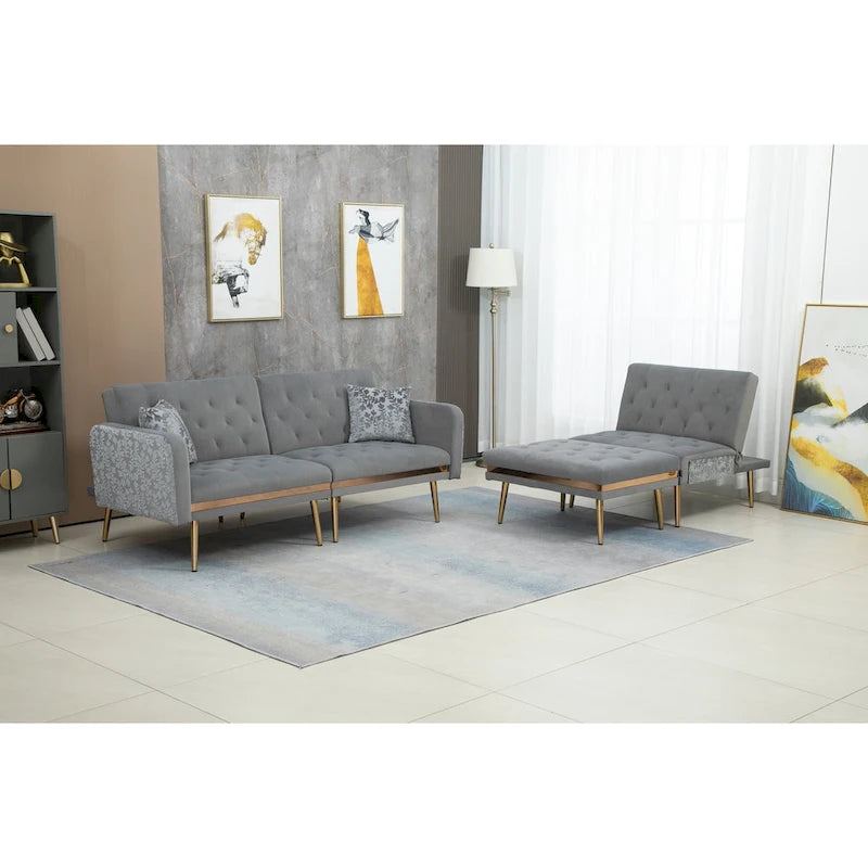 Canapé d'angle en L capitonné en polyester avec pouf convertible en lit