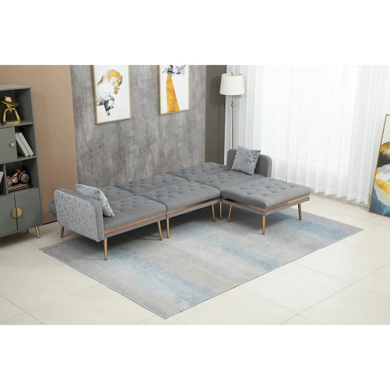 Canapé d'angle en L capitonné en polyester avec pouf convertible en lit