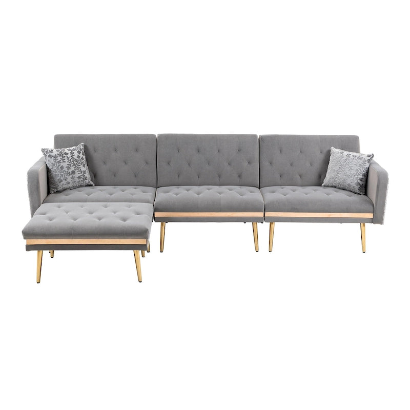 Canapé d'angle en L capitonné en polyester avec pouf convertible en lit