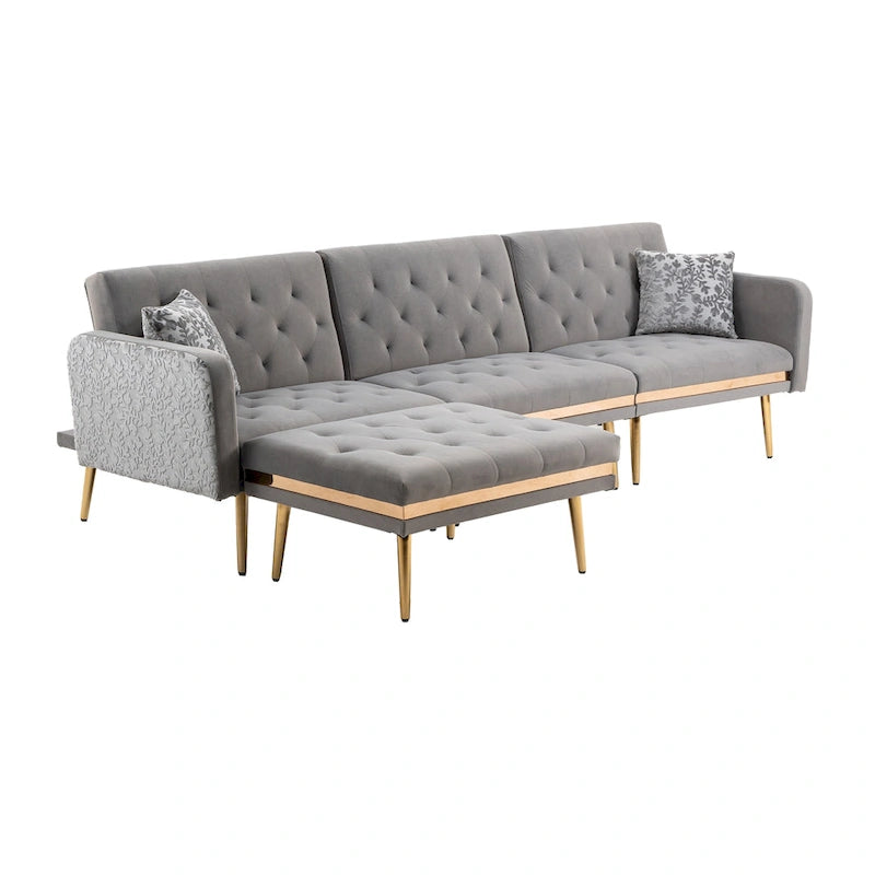 Canapé d'angle en L capitonné en polyester avec pouf convertible en lit