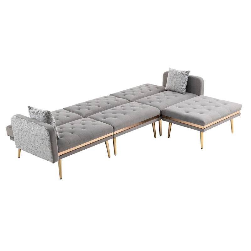 Canapé d'angle en L capitonné en polyester avec pouf convertible en lit