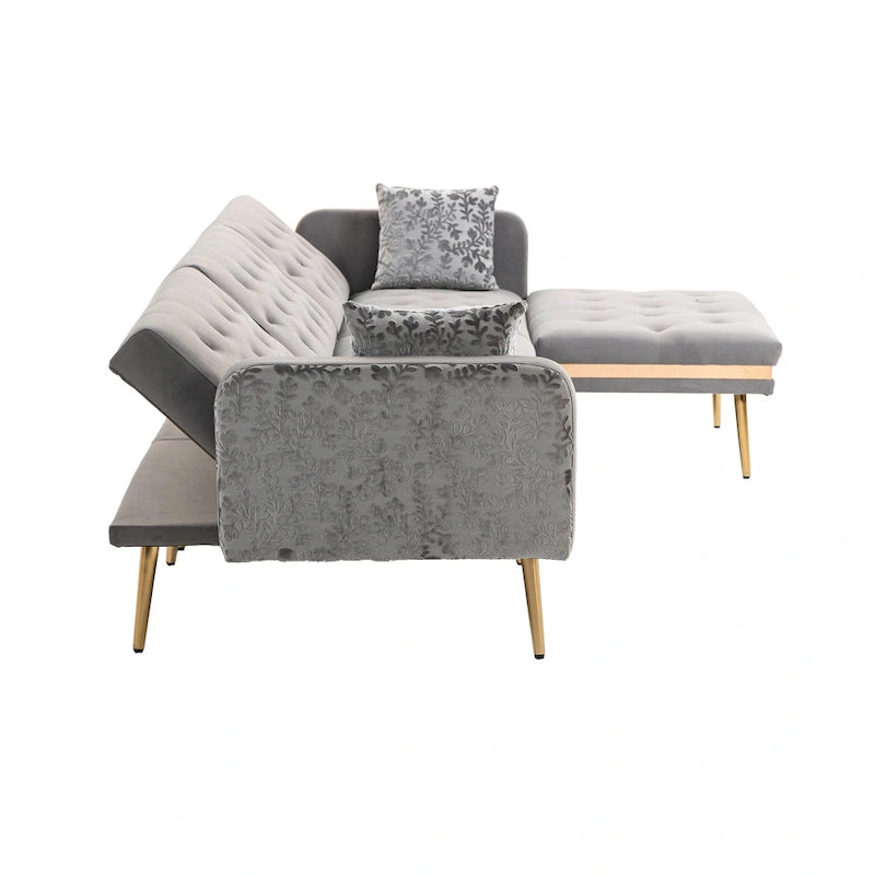Canapé d'angle en L capitonné en polyester avec pouf convertible en lit