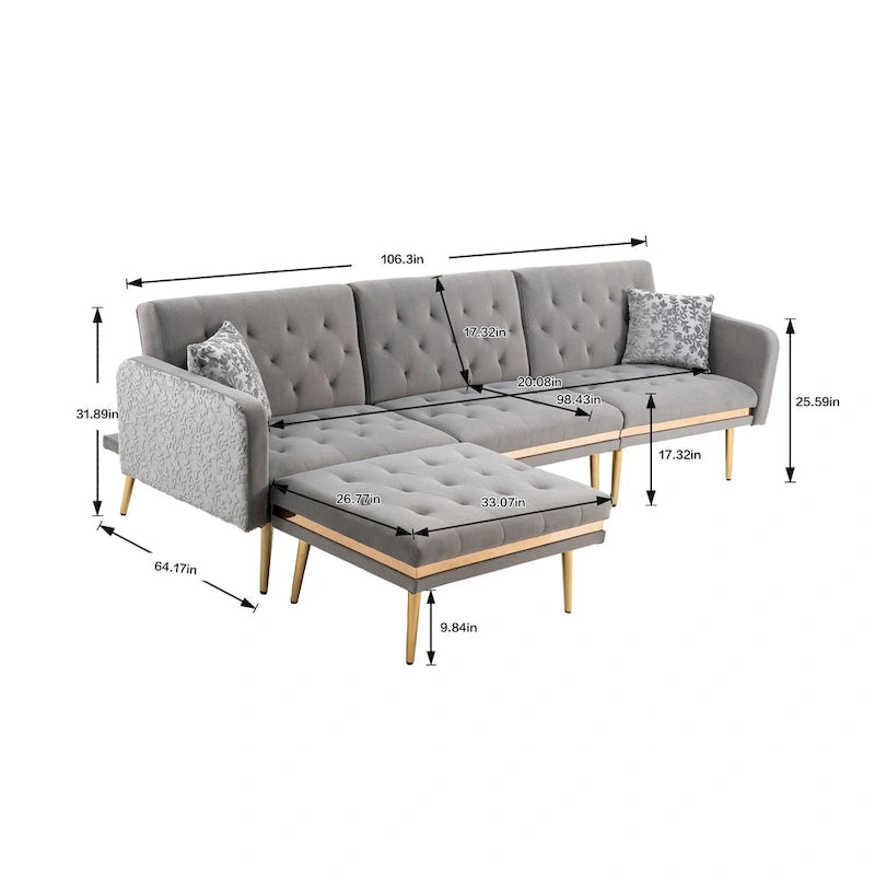 Canapé d'angle en L capitonné en polyester avec pouf convertible en lit