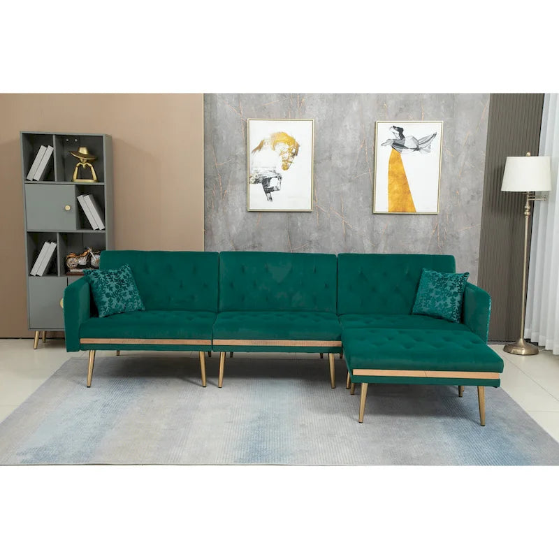 Canapé d'angle en L capitonné en polyester avec pouf convertible en lit