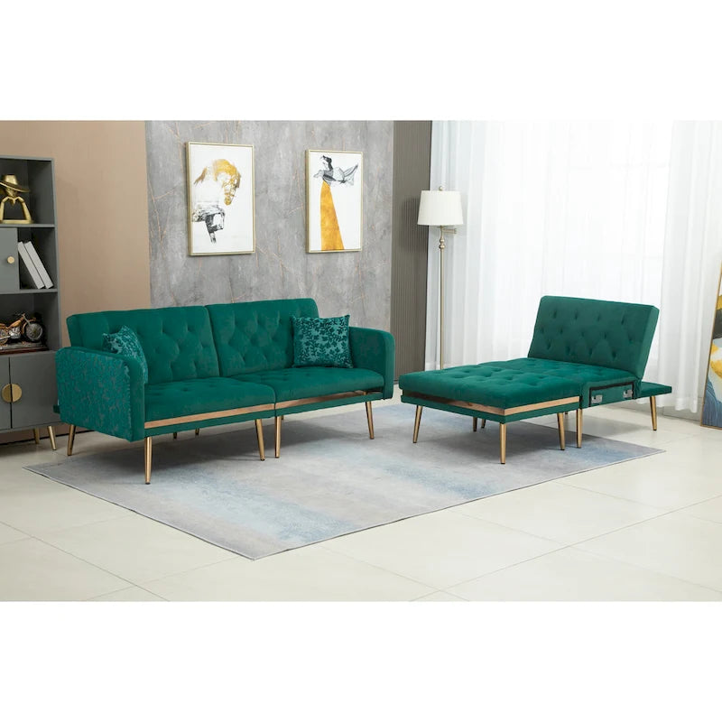 Canapé d'angle en L capitonné en polyester avec pouf convertible en lit