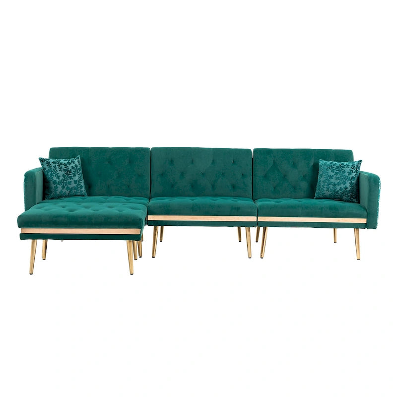 Canapé d'angle en L capitonné en polyester avec pouf convertible en lit