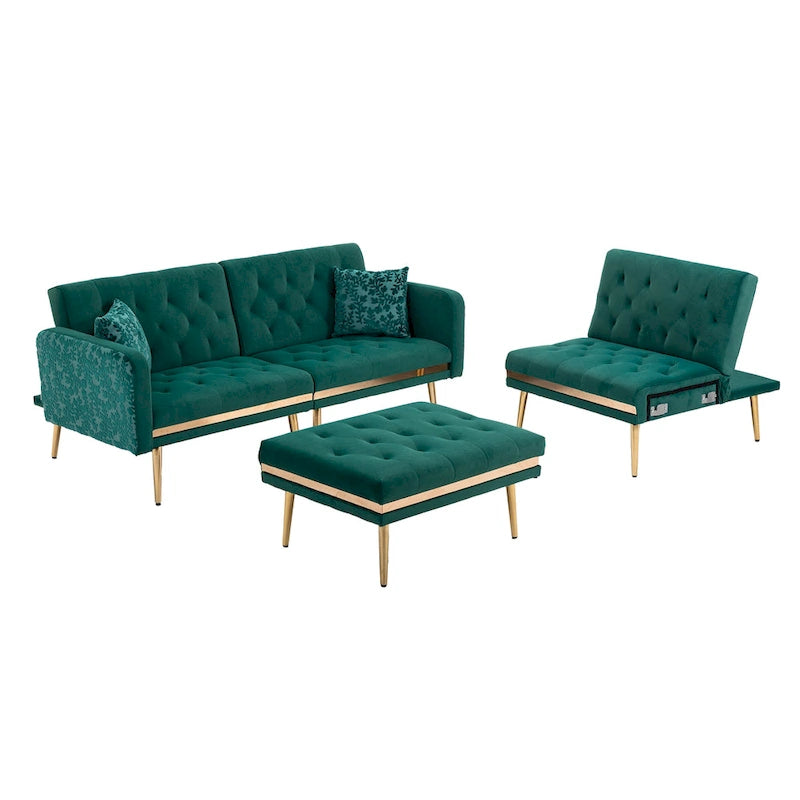 Canapé d'angle en L capitonné en polyester avec pouf convertible en lit
