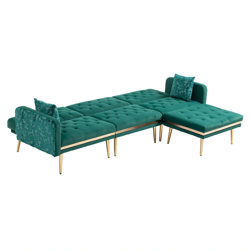 Canapé d'angle en L capitonné en polyester avec pouf convertible en lit