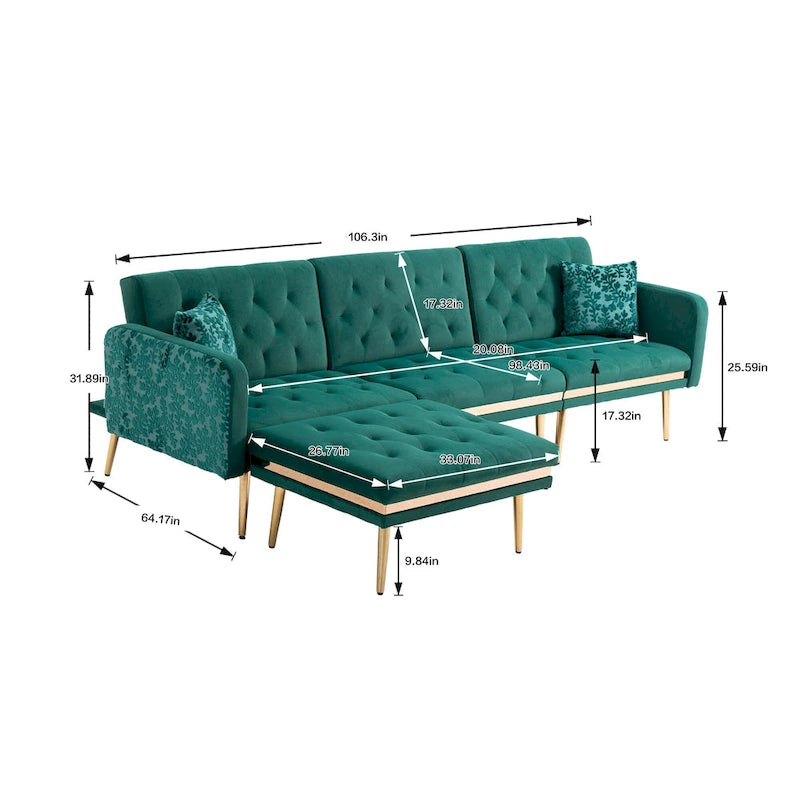 Canapé d'angle en L capitonné en polyester avec pouf convertible en lit
