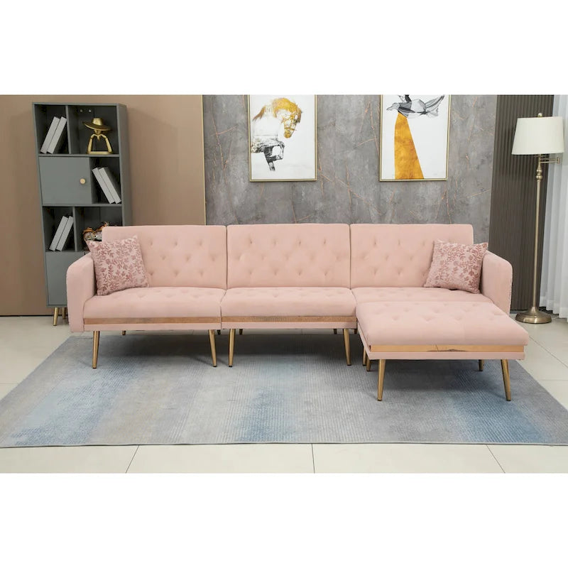 Canapé d'angle en L capitonné en polyester avec pouf convertible en lit