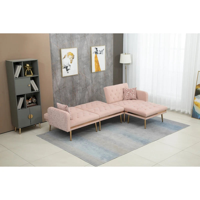Canapé d'angle en L capitonné en polyester avec pouf convertible en lit