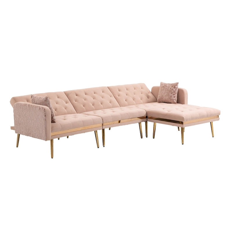 Canapé d'angle en L capitonné en polyester avec pouf convertible en lit