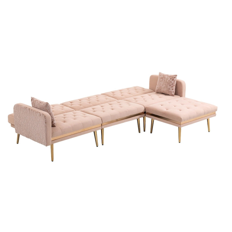 Canapé d'angle en L capitonné en polyester avec pouf convertible en lit