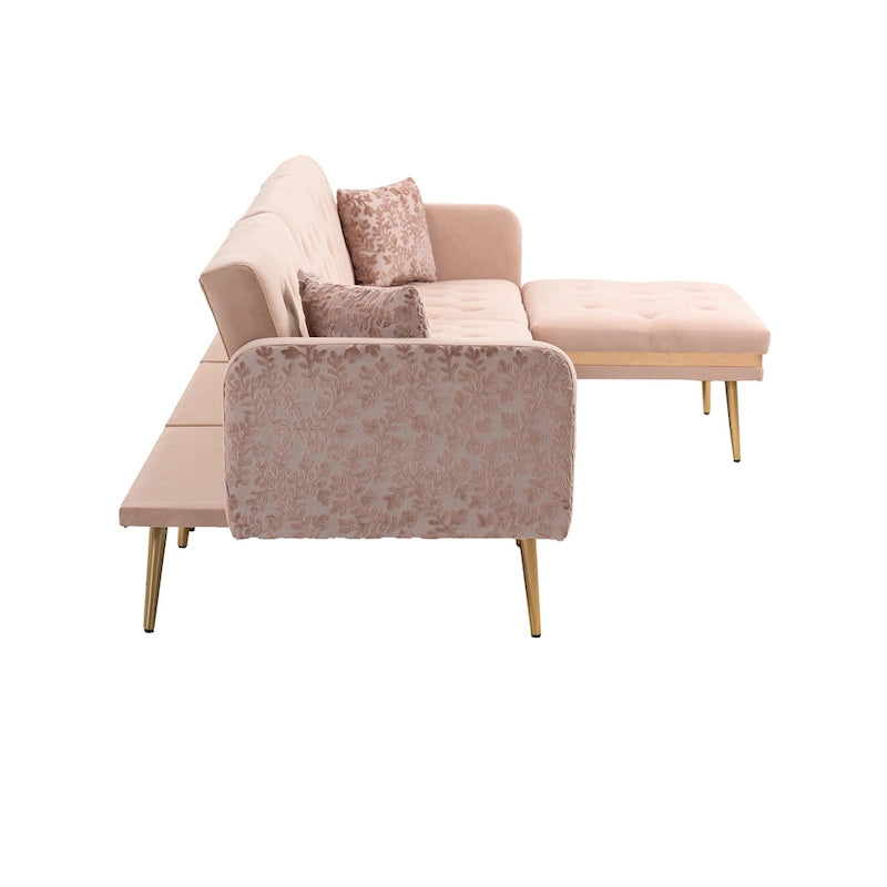 Canapé d'angle en L capitonné en polyester avec pouf convertible en lit