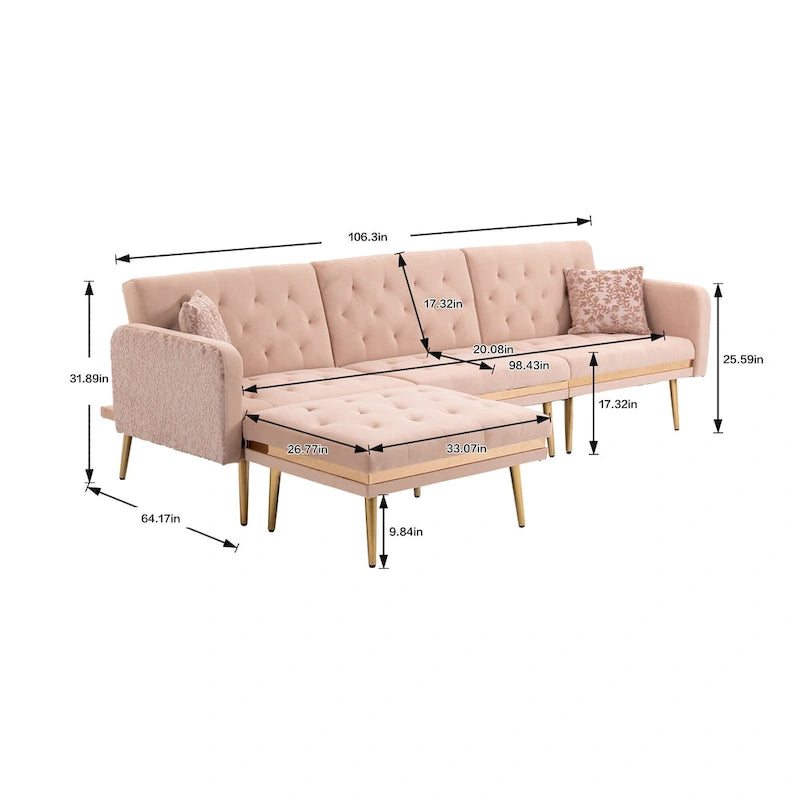 Canapé d'angle en L capitonné en polyester avec pouf convertible en lit