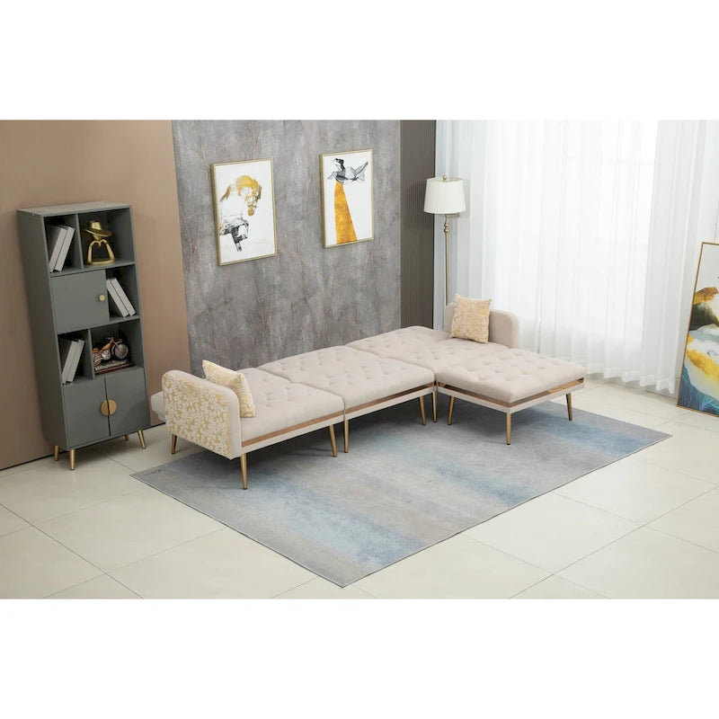Canapé d'angle en L capitonné en polyester avec pouf convertible en lit