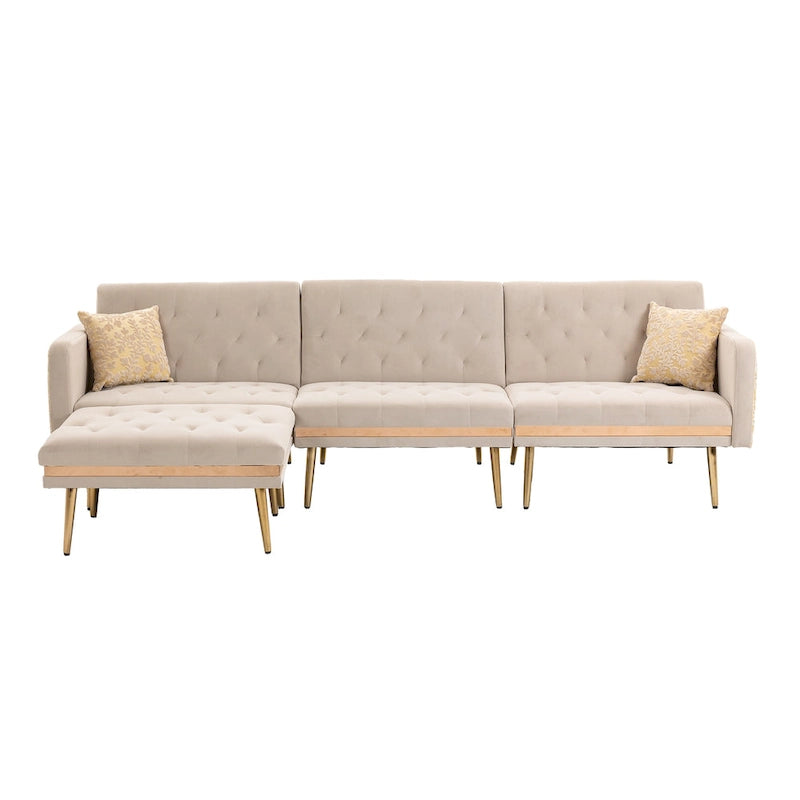 Canapé d'angle en L capitonné en polyester avec pouf convertible en lit