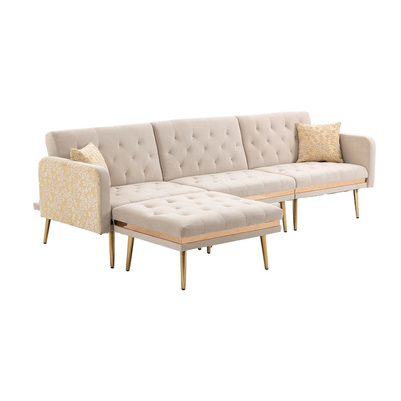 Canapé d'angle en L capitonné en polyester avec pouf convertible en lit