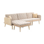 Canapé d'angle en L capitonné en polyester avec pouf convertible en lit