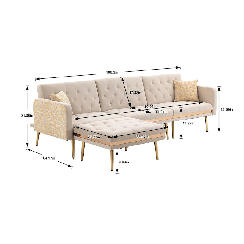 Canapé d'angle en L capitonné en polyester avec pouf convertible en lit