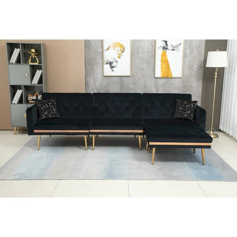 Canapé d'angle en L capitonné en polyester avec pouf convertible en lit