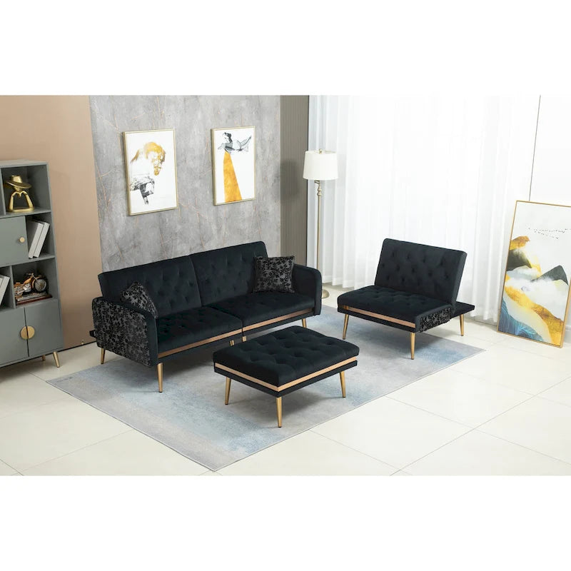 Canapé d'angle en L capitonné en polyester avec pouf convertible en lit