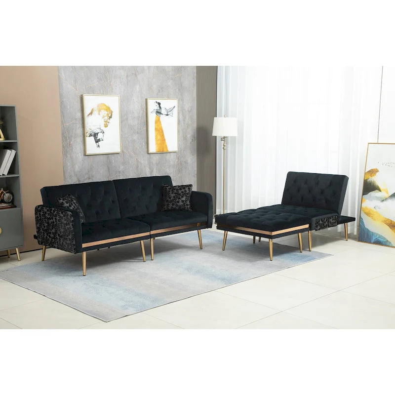 Canapé d'angle en L capitonné en polyester avec pouf convertible en lit