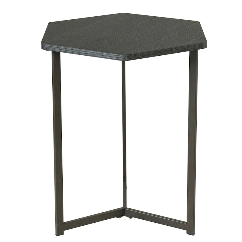 Table d'appoint hexagonale avec plateau finition bois foncé et base en métal
