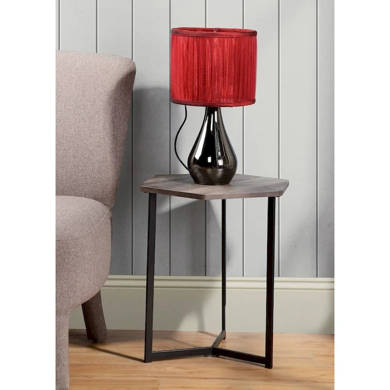 Table d'appoint hexagonale avec plateau finition bois foncé et base en métal