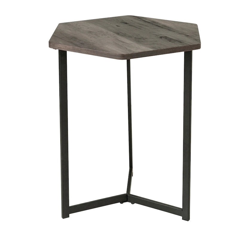 Table d'appoint hexagonale avec plateau finition bois foncé et base en métal