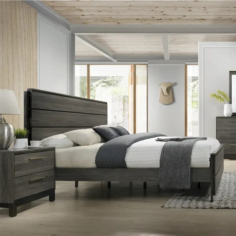 Ensemble de chambre à coucher Lippmann en bois, fini gris antique, format grand lit, de Carbon Loft