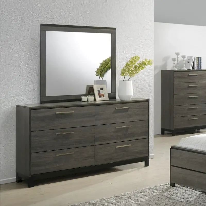 Ensemble de chambre à coucher Lippmann en bois, fini gris antique, format grand lit, de Carbon Loft