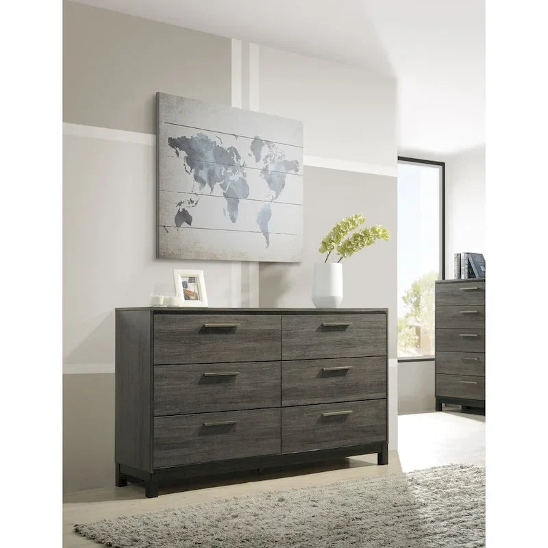 Ensemble de chambre à coucher Lippmann en bois, fini gris antique, format grand lit, de Carbon Loft