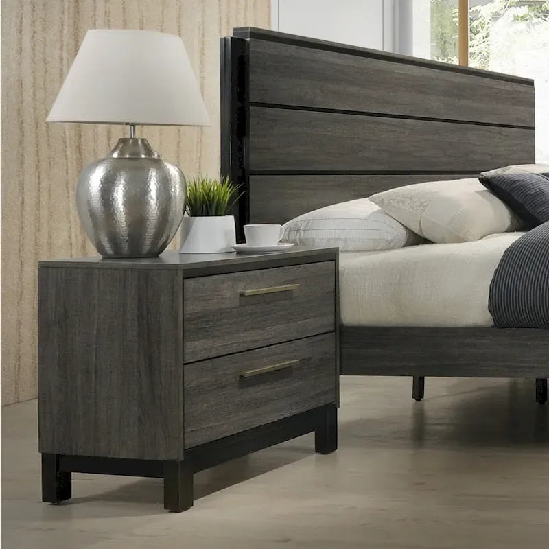 Ensemble de chambre à coucher Lippmann en bois, fini gris antique, format grand lit, de Carbon Loft
