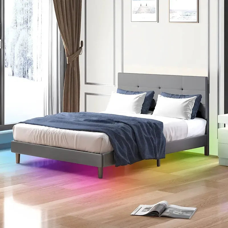 Cadre de lit Mixoy avec lumières LED RVB intelligentes, tête de lit capitonnée, plateforme recouverte de tissu PVC, sommier tapissier non requis