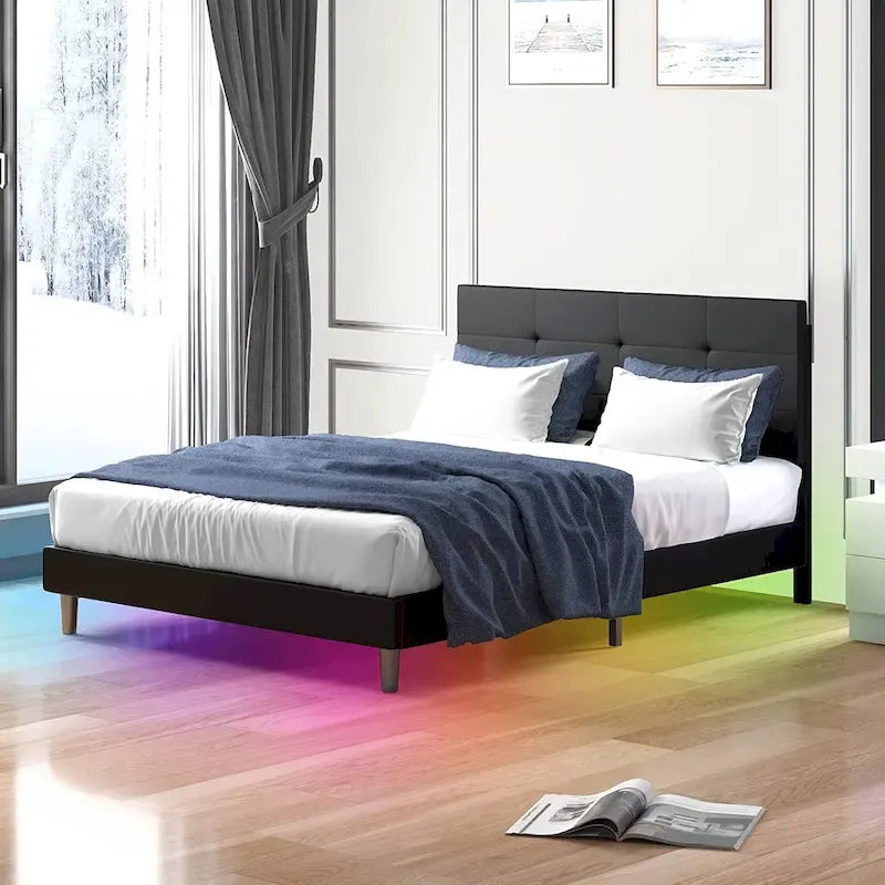 Cadre de lit Mixoy avec lumières LED RVB intelligentes, tête de lit capitonnée, plateforme recouverte de tissu PVC, sommier tapissier non requis