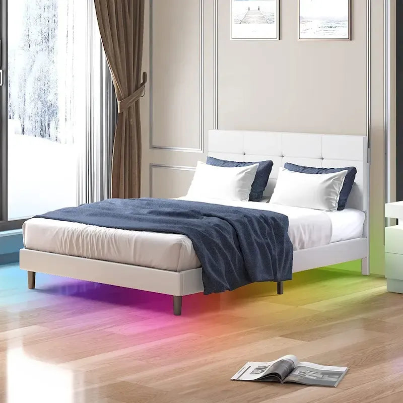 Cadre de lit Mixoy avec lumières LED RVB intelligentes, tête de lit capitonnée, plateforme recouverte de tissu PVC, sommier tapissier non requis