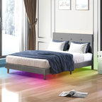 Cadre de lit Mixoy avec lumières LED RVB intelligentes, tête de lit capitonnée, plateforme recouverte de tissu PVC, sommier tapissier non requis