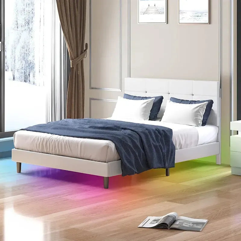 Cadre de lit Mixoy avec lumières LED RVB intelligentes, tête de lit capitonnée, plateforme recouverte de tissu PVC, sommier tapissier non requis