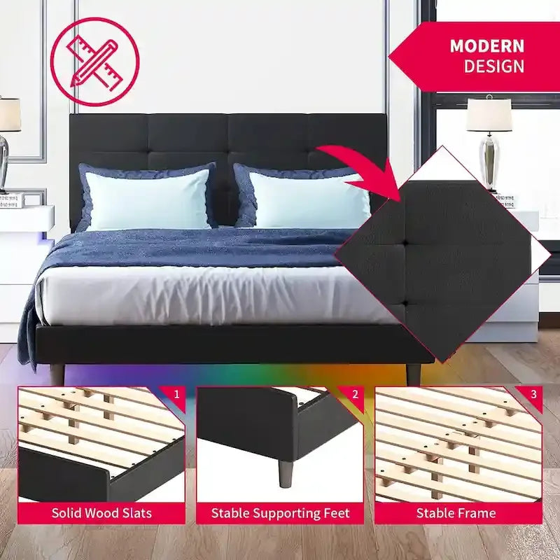 Cadre de lit Mixoy avec lumières LED RVB intelligentes, tête de lit capitonnée, plateforme recouverte de tissu PVC, sommier tapissier non requis