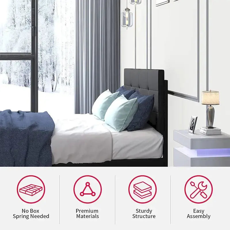 Cadre de lit Mixoy avec lumières LED RVB intelligentes, tête de lit capitonnée, plateforme recouverte de tissu PVC, sommier tapissier non requis
