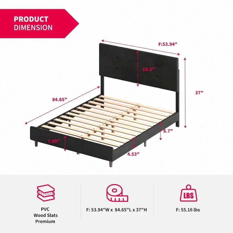 Cadre de lit Mixoy avec lumières LED RVB intelligentes, tête de lit capitonnée, plateforme recouverte de tissu PVC, sommier tapissier non requis