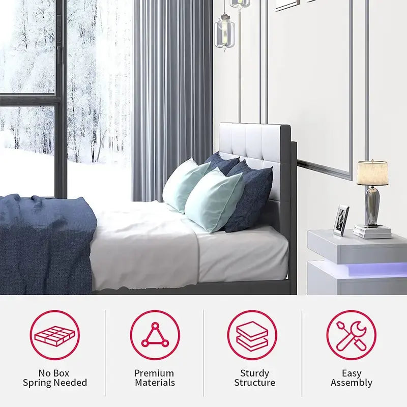 Cadre de lit Mixoy avec lumières LED RVB intelligentes, tête de lit capitonnée, plateforme recouverte de tissu PVC, sommier tapissier non requis