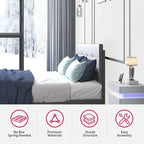 Cadre de lit Mixoy avec lumières LED RVB intelligentes, tête de lit capitonnée, plateforme recouverte de tissu PVC, sommier tapissier non requis