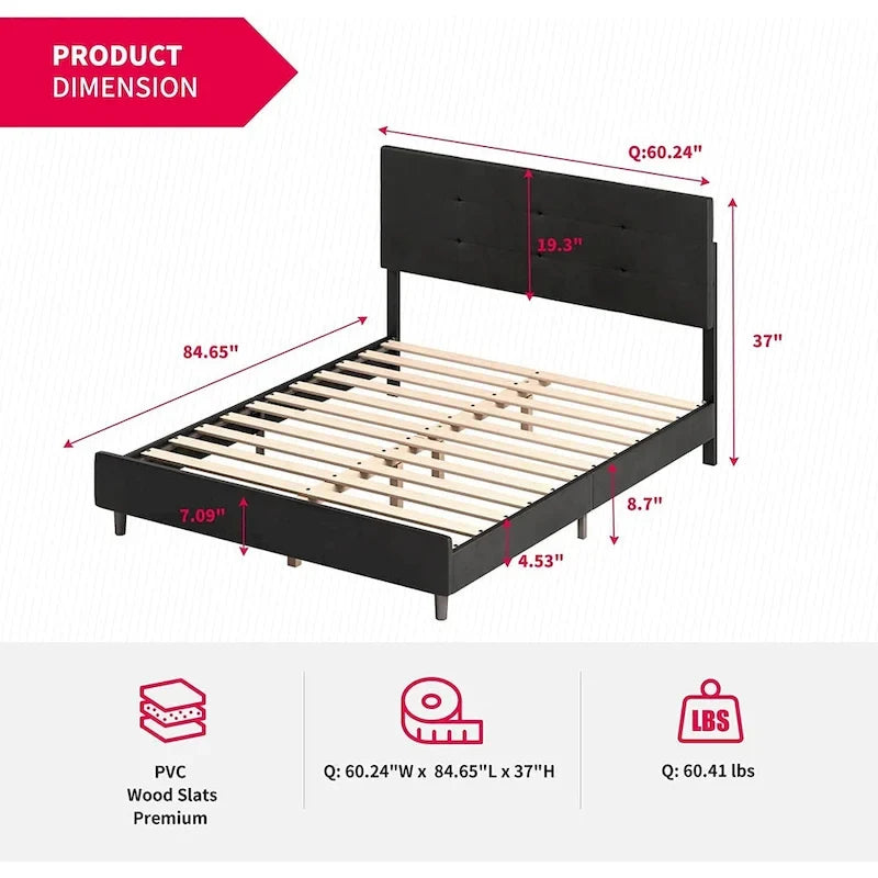 Cadre de lit Mixoy avec lumières LED RVB intelligentes, tête de lit capitonnée, plateforme recouverte de tissu PVC, sommier tapissier non requis