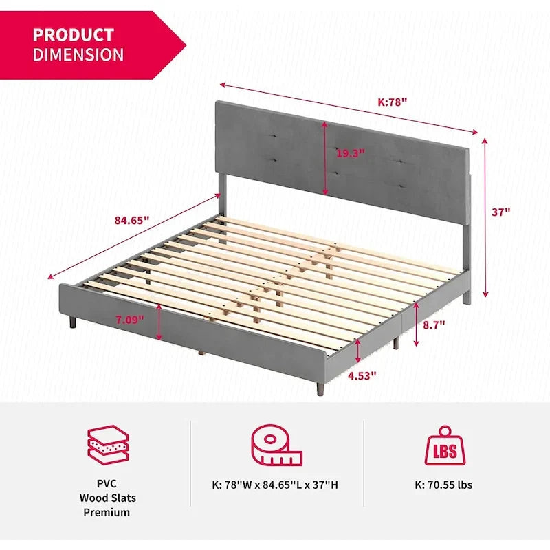 Cadre de lit Mixoy avec lumières LED RVB intelligentes, tête de lit capitonnée, plateforme recouverte de tissu PVC, sommier tapissier non requis