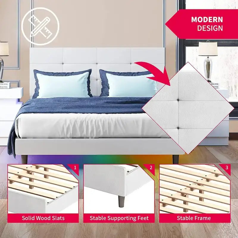 Cadre de lit Mixoy avec lumières LED RVB intelligentes, tête de lit capitonnée, plateforme recouverte de tissu PVC, sommier tapissier non requis
