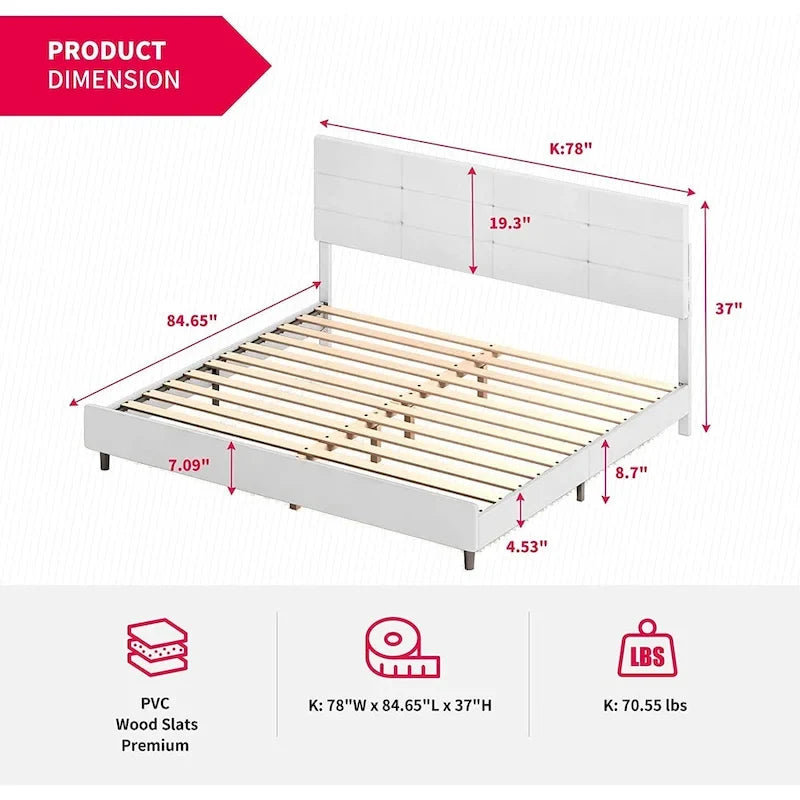 Cadre de lit Mixoy avec lumières LED RVB intelligentes, tête de lit capitonnée, plateforme recouverte de tissu PVC, sommier tapissier non requis