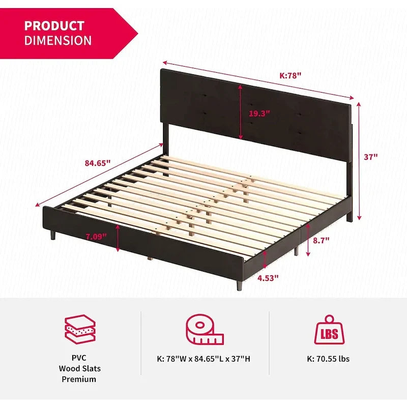 Cadre de lit Mixoy avec lumières LED RVB intelligentes, tête de lit capitonnée, plateforme recouverte de tissu PVC, sommier tapissier non requis